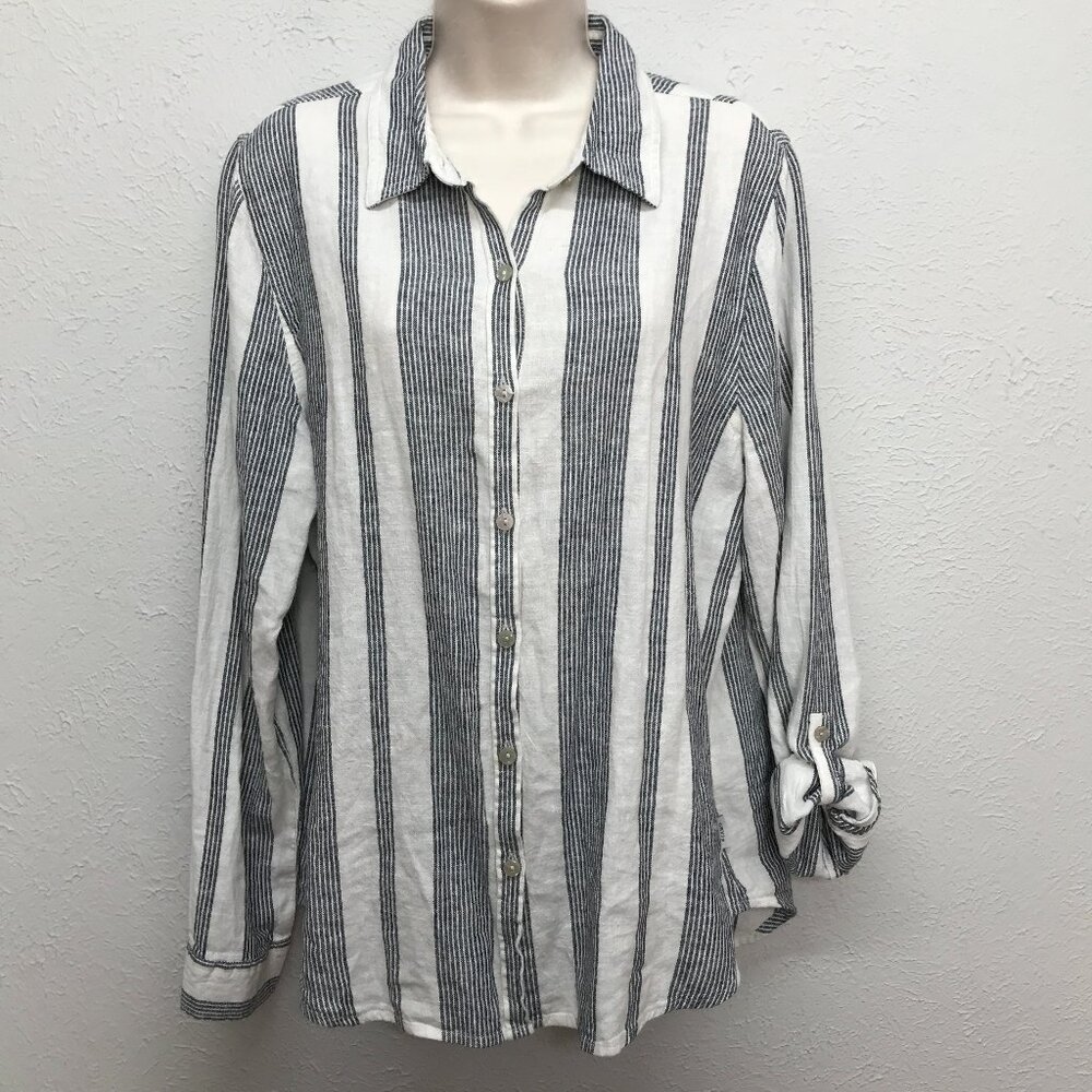 Orvis Button Up Shirt Womens M Blue White Striped Roll Tab Sleeve Linen Blend